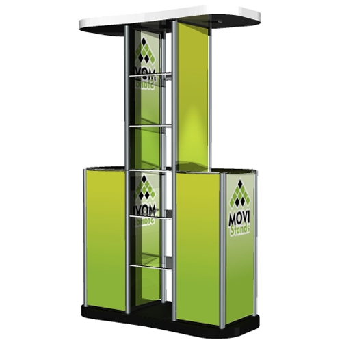 Stand portatil, Display publicitario, punto de atención o punto de venta con repisa y mesa tipo counter Muggie Dual E - MoviStands