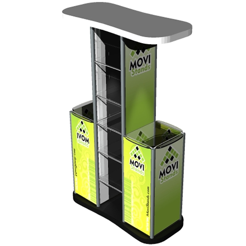 Stand portatil, Display publicitario, punto de atención o punto de venta con repisa y mesa tipo counter Muggie Dual E - MoviStands