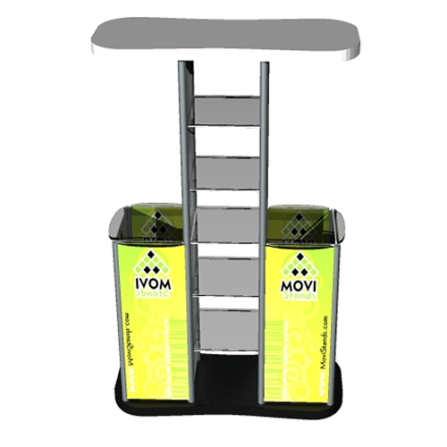 Stand portatil, Display publicitario, punto de atención o punto de venta con repisa y mesa tipo counter Muggie Dual E - MoviStands